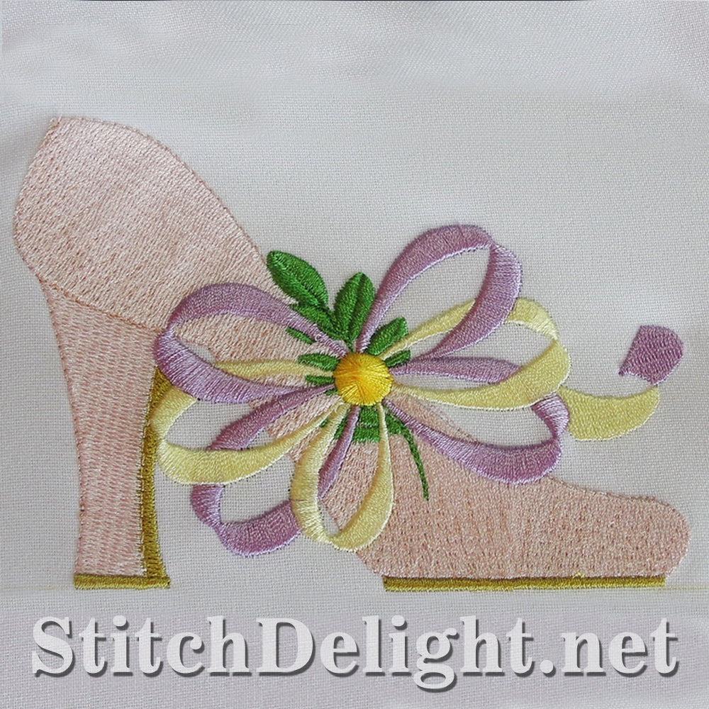 Elegant single design featuring stunning shoes with exquisite flowers for the 4x4 hoop