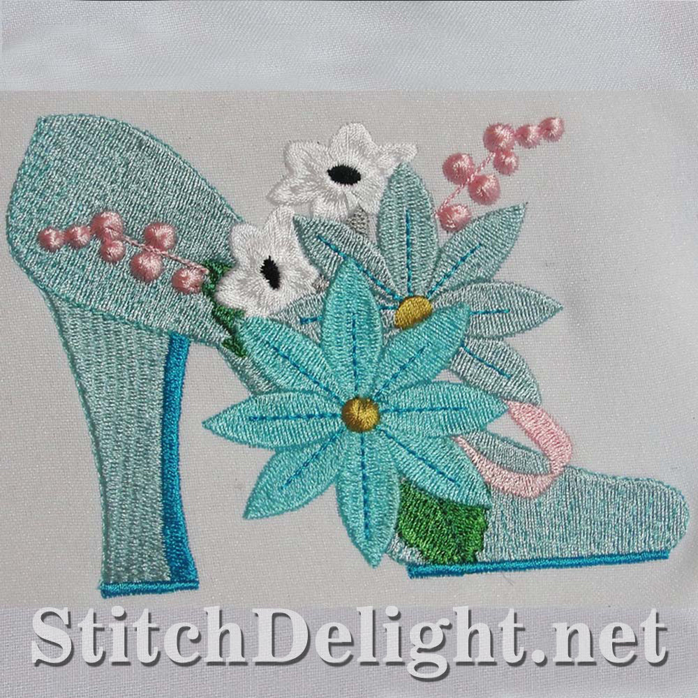 Elegant single design featuring stunning shoes with exquisite flowers for the 4x4 hoop