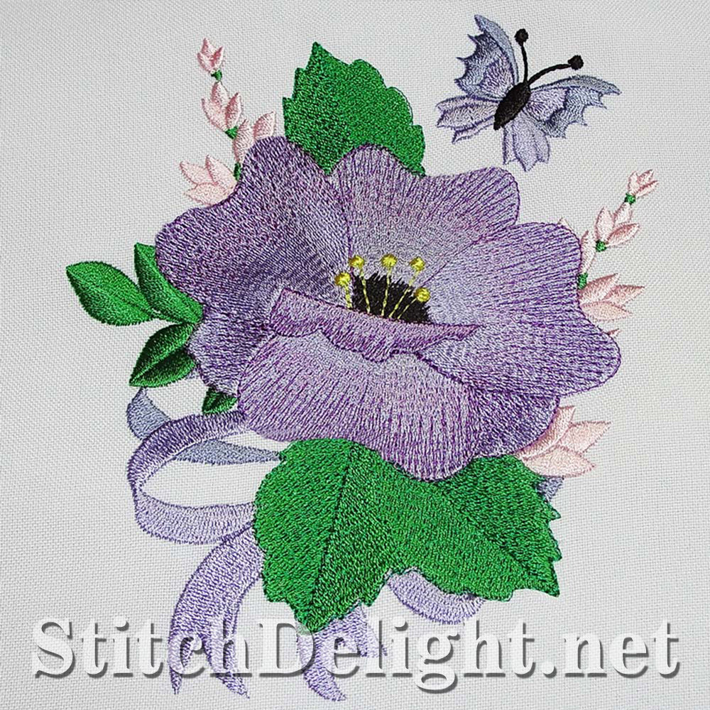 Single Design morning glory with soft shading and elegant butterflies done in the 6x8 hoop